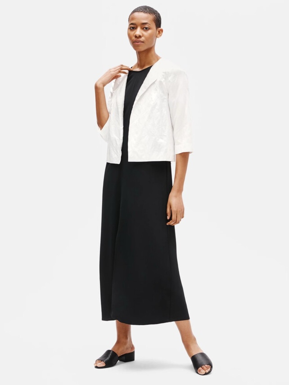 Eileen Fisher Cotton SatinCropped Jacket Large White Textured Open Luxury